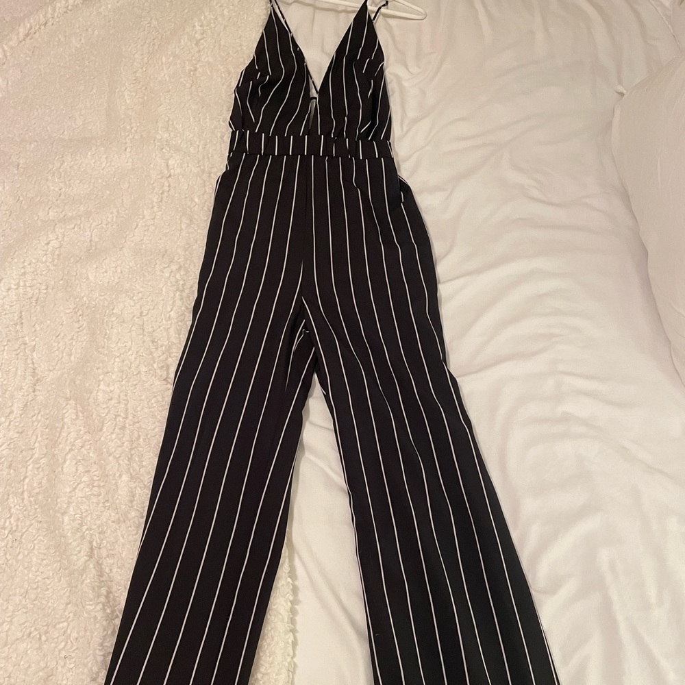 Striped V- cut Jumpsuit with Open back